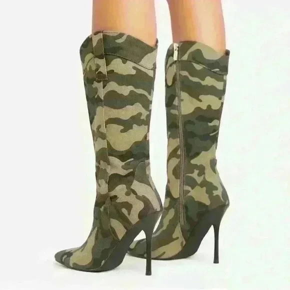 NWT HORSESHOE POINTY TOE STILETTO HEEL MID CALF WESTERN COWBOY CAMO PRINT/ARMY - Picture 3 of 4